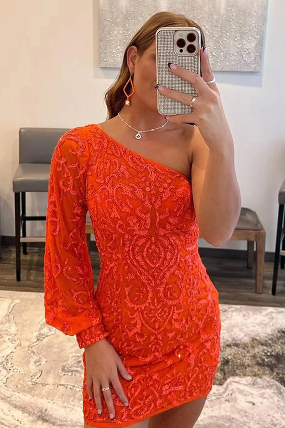 Hot Pink Homecoming Dresses Beaded Sequin One Shoulder Tight Prom Dress