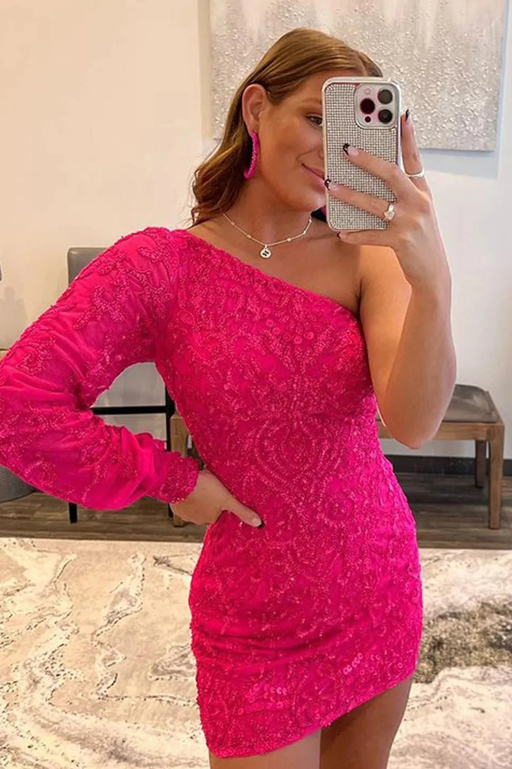 Hot Pink Homecoming Dresses Beaded Sequin One Shoulder Tight Prom Dress