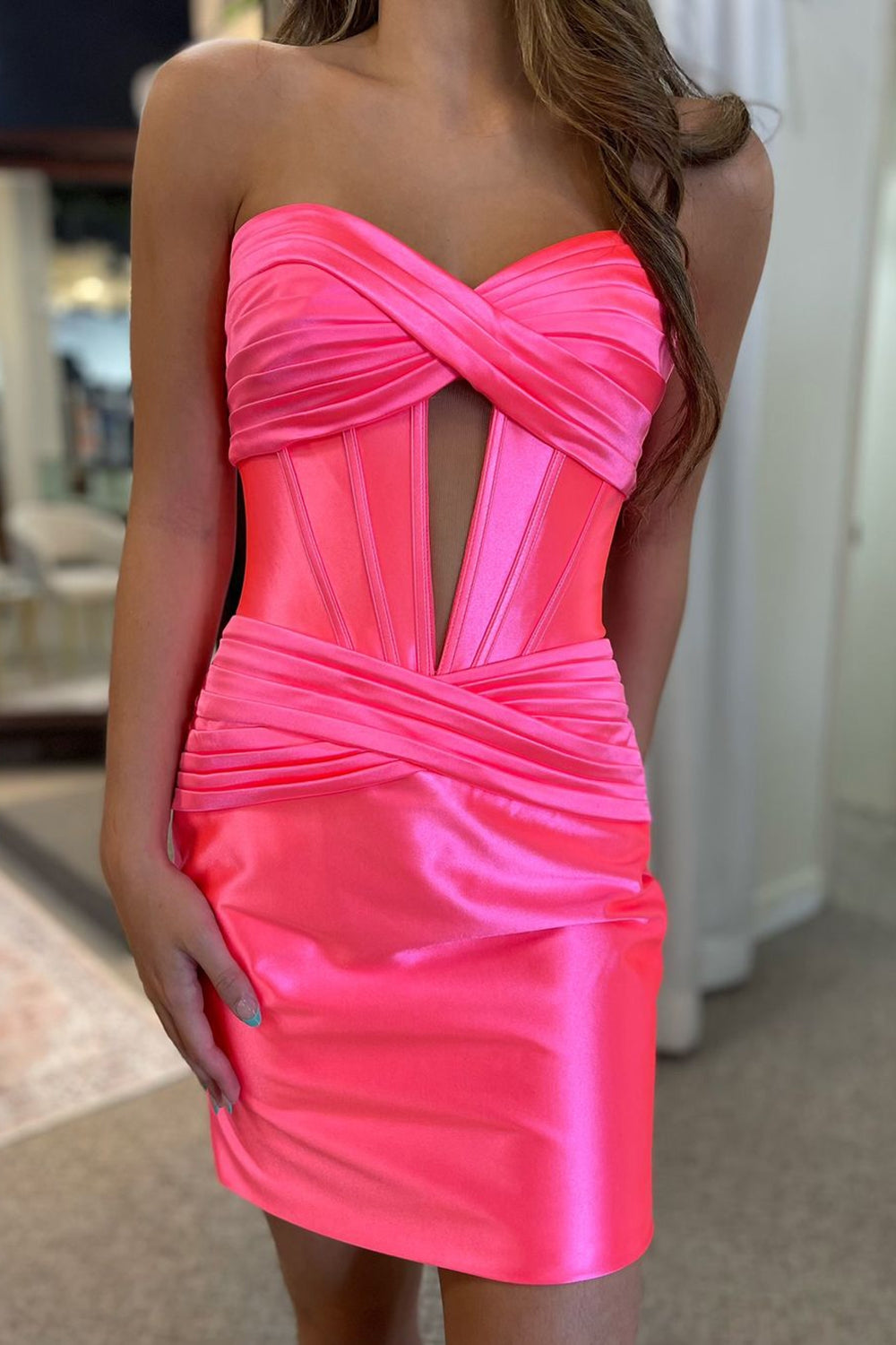 Hot Pink Homecoming Dresses Corset Sweetheart Tight Short Cocktail Dresses