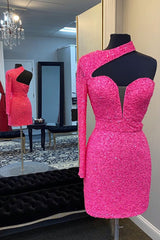 Hot Pink Homecoming Dresses One Shoulder One Sleeves Tight Sequin Short Cocktail Dresses