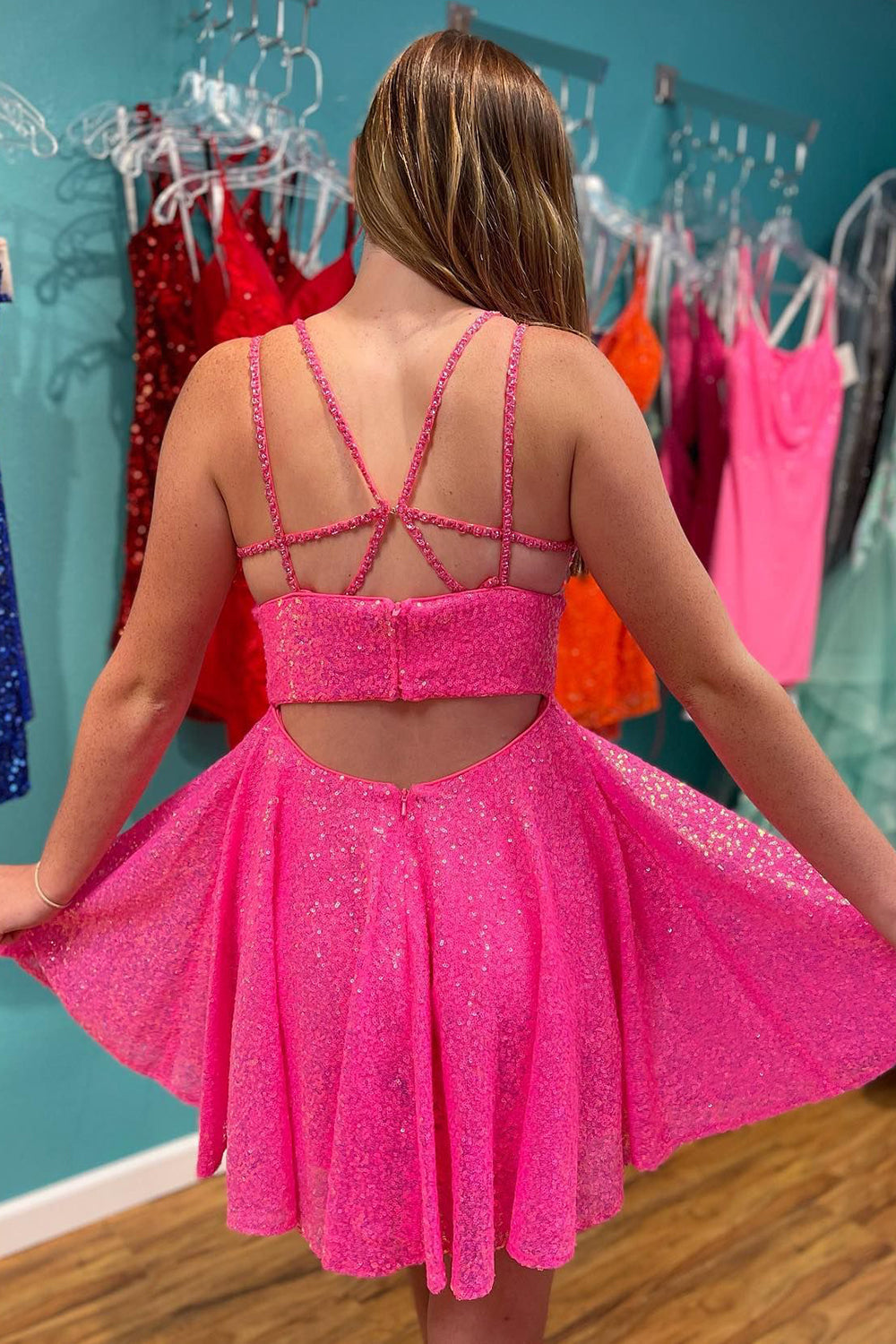 Hot Pink Homecoming Dresses Open Back Sequin A-Line Short Cocktail Dresses