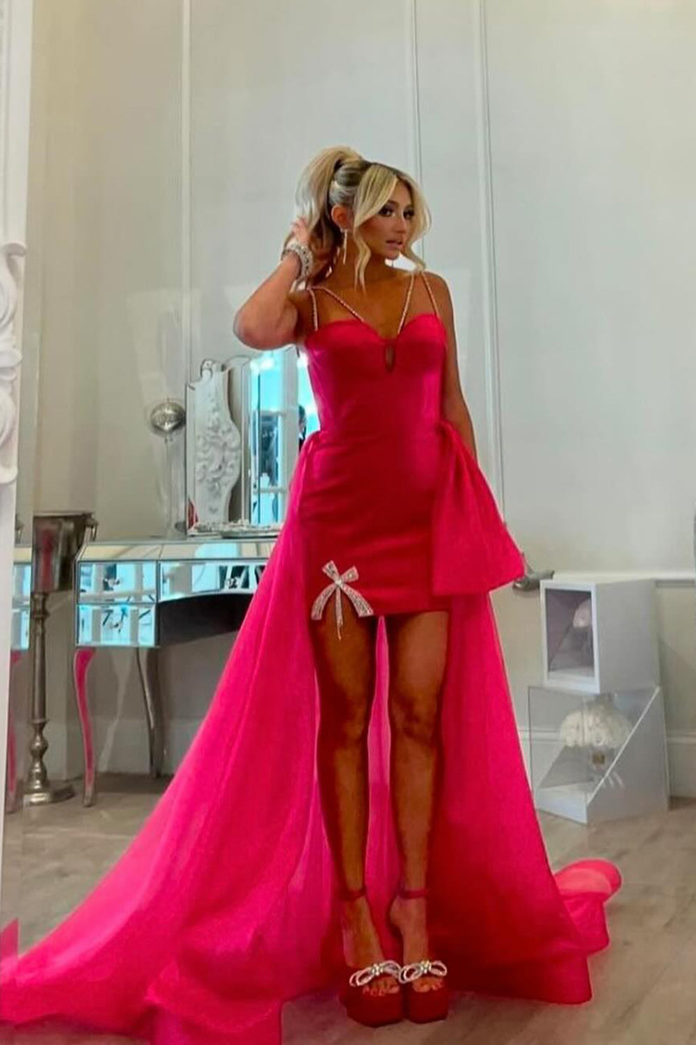 Hot Pink Homecoming Dresses Spaghetti Straps High Low Prom Dress