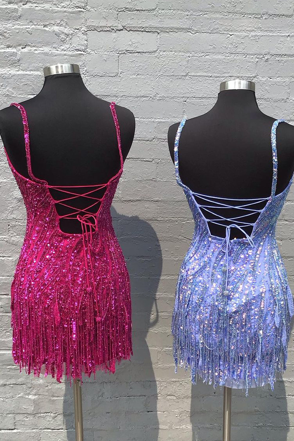 Hot Pink Homecoming Dresses Spaghetti Straps Sequin Fringed Tight Short Hoco Dress