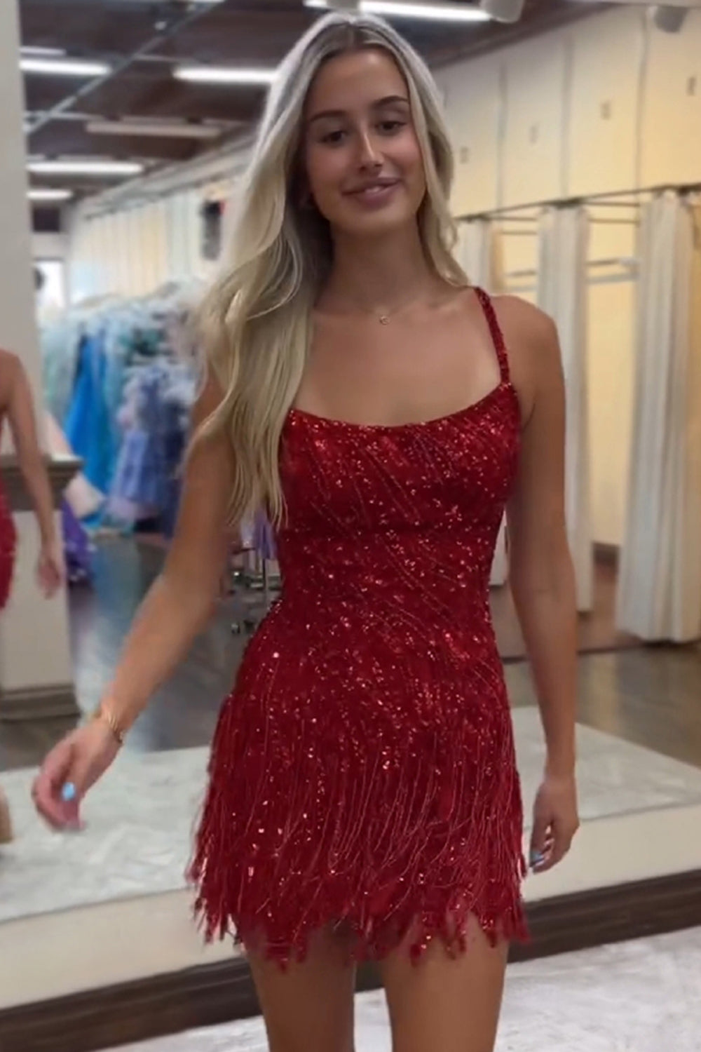 Suzhoufashion Hot Pink Homecoming Dresses Spaghetti Straps Sequin Fringed  Tight Short Hoco Dress – suzhoufashion