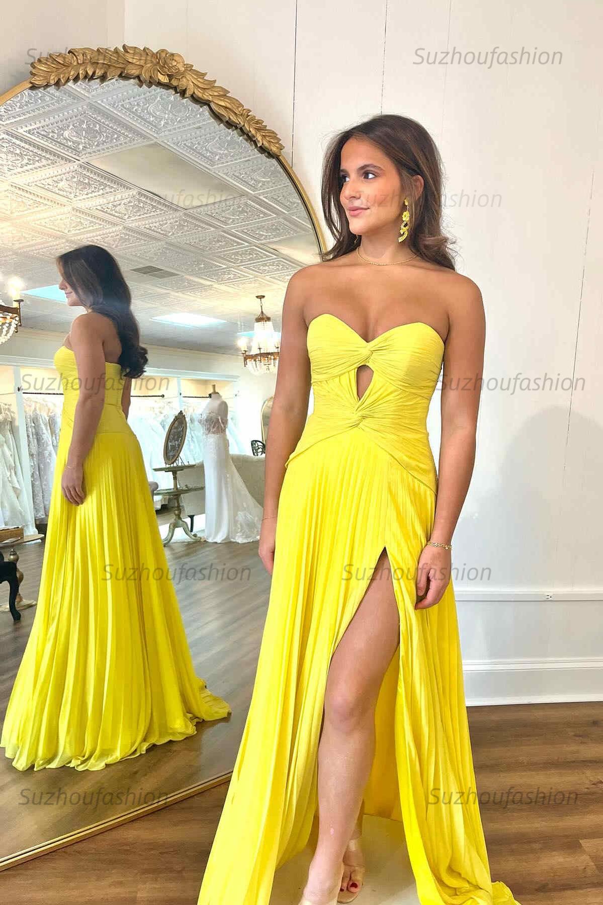 Hot Pink Prom Dress A Line Strapless Keyhole Pleated Evening Dress