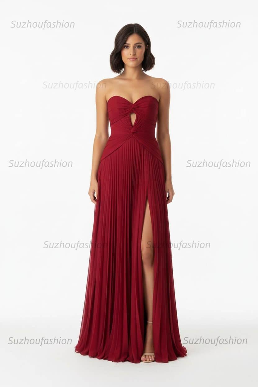 Hot Pink Prom Dress A Line Strapless Keyhole Pleated Evening Dress