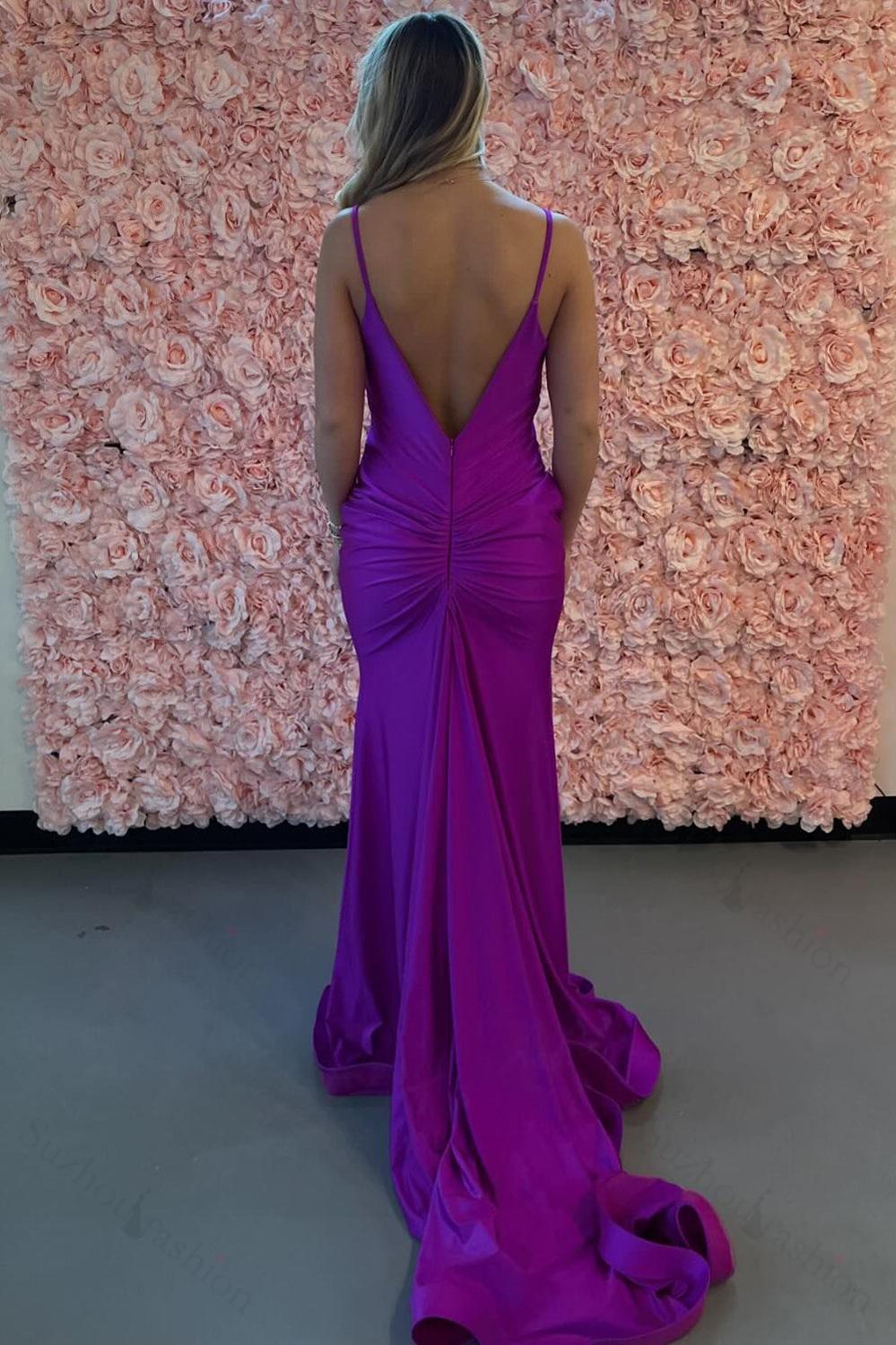 Hot Pink Prom Dress Mermaid Backless Satin Long Formal Dress