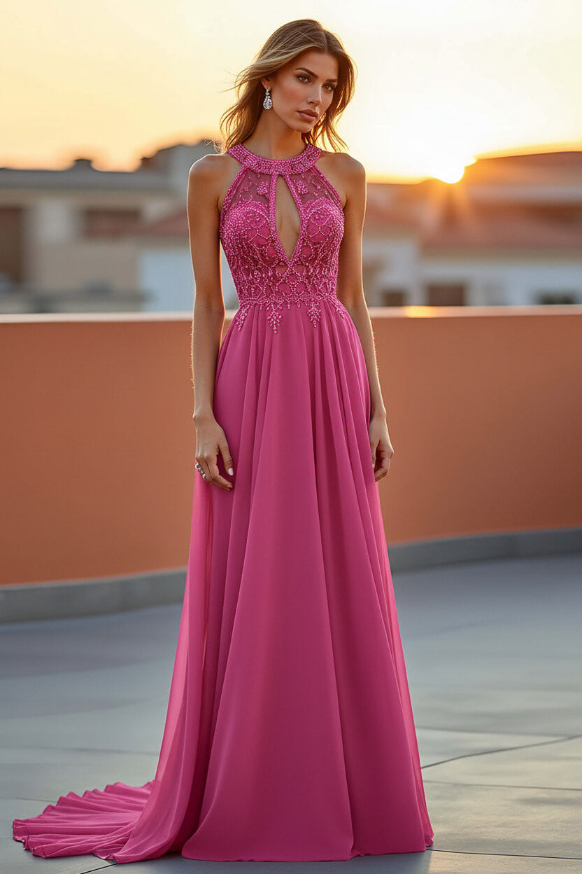 Beaded Navy Wedding Guest Dress Halter Long Formal Dress With Embroideries