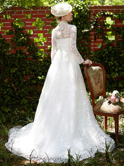 Illusion A-Line Beach Wedding Dress Floral Lace Long Sleeve Bridal Gowns Court Train