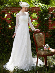 Illusion A-Line Beach Wedding Dress Floral Lace Long Sleeve Bridal Gowns Court Train