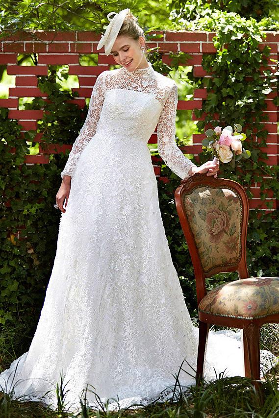Illusion A-Line Wedding Dress Floral Lace Long Sleeve Bridal Gowns Court Train