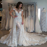 Illusion Cap Sleeves Bride Dresses Gorgeous Lace Appliques Overskirt Wedding Gowns