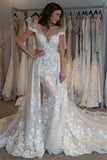 Illusion Cap Sleeves Bride Dresses Gorgeous Lace Appliques Overskirt Wedding Gowns