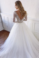 Illusion-Long-Sleeves Marvelous Lace V-neck White Appliques A-line Wedding Dresses