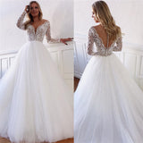 Illusion-Long-Sleeves Marvelous Lace V-neck White Appliques A-line Wedding Dresses