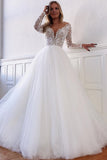 Illusion-Long-Sleeves Marvelous Lace V-neck White Appliques A-line Wedding Dresses