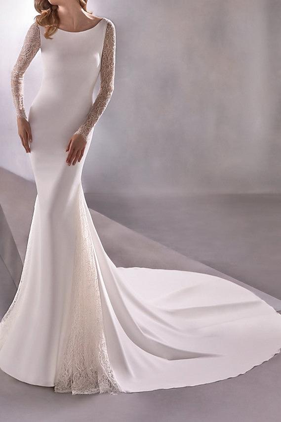 Illusion Mermaid Wedding Dress Bateau Long Sleeve Formal Plus Size Bridal Gowns Sweep Train