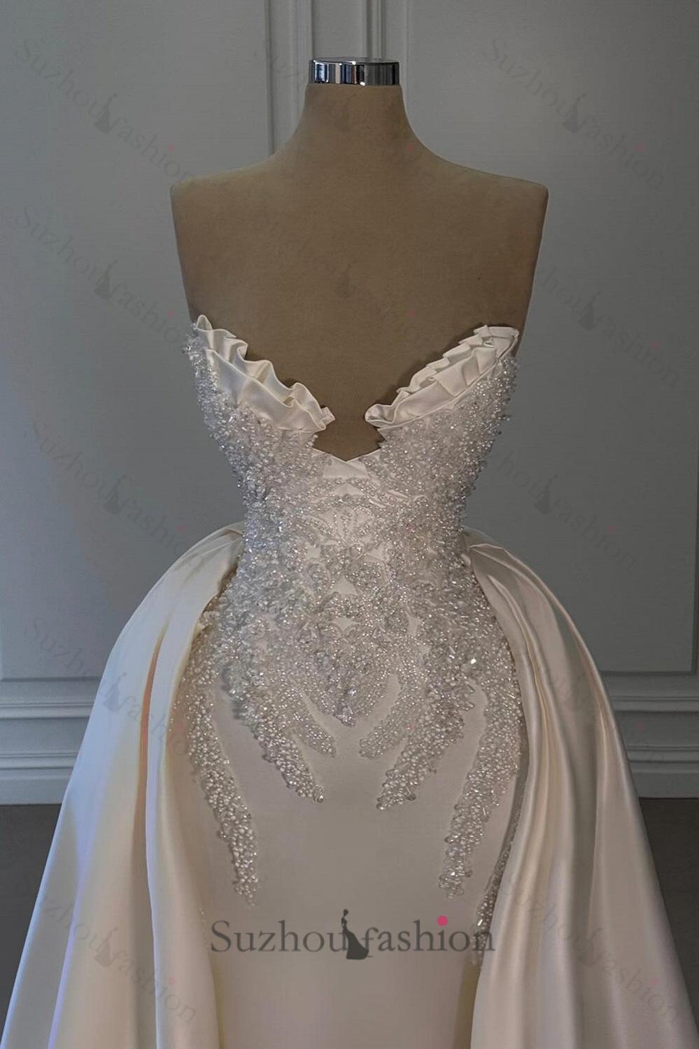 Ivory A Line Strapless Sleeveless Beaded Panel Train Ruffle Long Satin Bridal Gown
