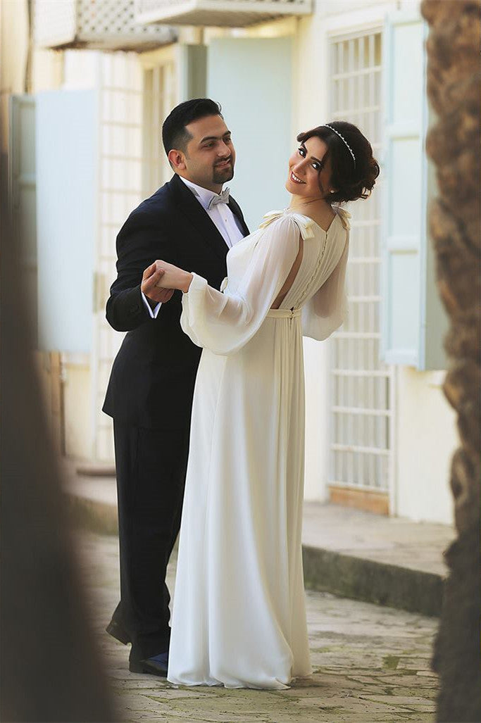 Ivory Chiffon Long Bubble Sleeve Vintage Wedding Dresses Simple Plus Size Wedding Reception Gowns with Belt | Suzhoufashion Ivory Chiffon Long Bubble Sleeve Vintage Wedding Dresses Simple Plus Size Wedding Reception Gowns with Belt | Suzhoufashion