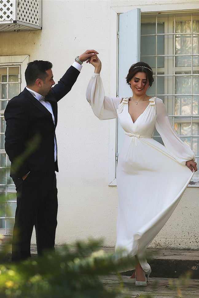 Ivory Chiffon Long Bubble Sleeve Vintage Wedding Dresses Simple Plus Size Wedding Reception Gowns with Belt
