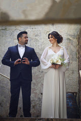 Ivory Chiffon Long Bubble Sleeve Vintage Wedding Dresses Simple Plus Size Wedding Reception Gowns with Belt
