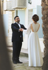 Ivory Chiffon Long Bubble Sleeve Vintage Wedding Dresses Simple Plus Size Wedding Reception Gowns with Belt