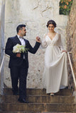 Ivory Chiffon Long Bubble Sleeve Vintage Wedding Dresses Simple Plus Size Wedding Reception Gowns with Belt
