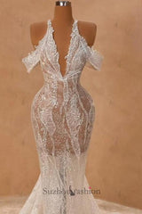 Ivory Halter Prom Dress Off The Shoulder Mermaid Slit Formal Dress With Lace