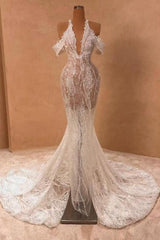 Ivory Halter Prom Dress Off The Shoulder Mermaid Slit Formal Dress With Lace