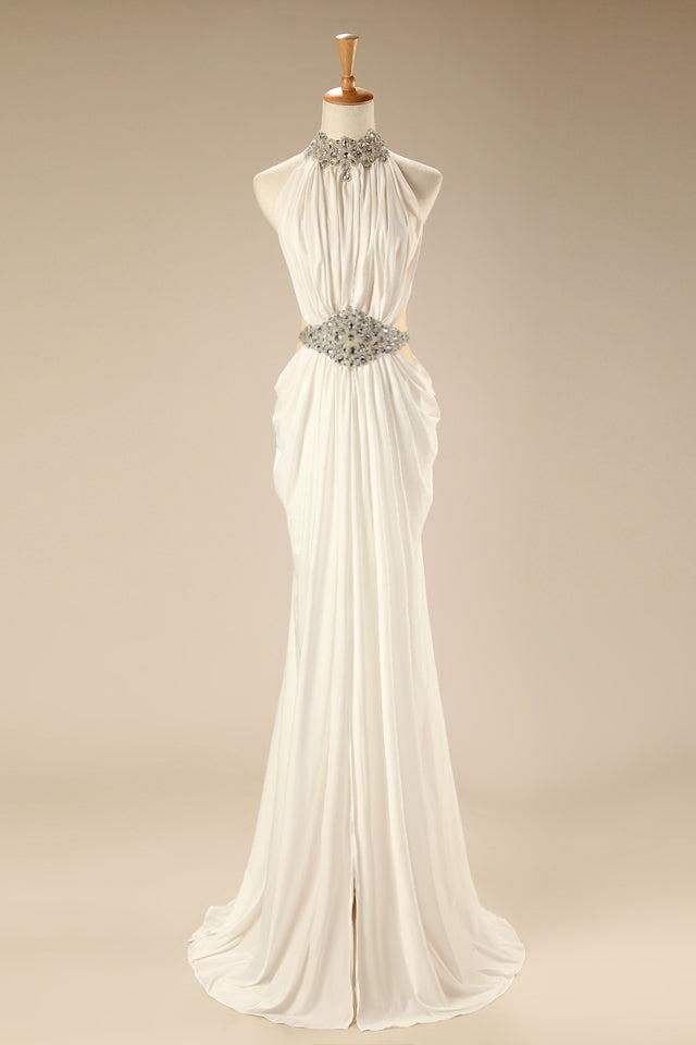 Ivory High Collar Evening Dresses Crystal Chiffon Wedding Guest Dress