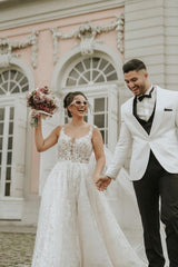 Ivory Sleeveless Straps A-Line Bridal Gowns with Chapel Train
