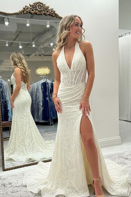 ivory halter prom dress Mermaid Deep Halter Yellow Satin Long Prom Dresses with Slit, Champagne / 10