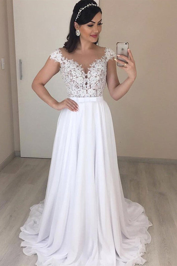Jewel A-line Cap-Sleeves Lace Excellent Appliques Wedding Dresses