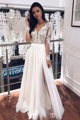 Jewel Long Sleeve Sheer Bodice Applique Wedding Dress A Line Lace Pleated Tulle Bridal Gowns