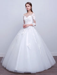 Jewel Tulle Lace Appliques 3/4 Sleeves Ball Gown Wedding Dresses