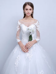 Jewel Tulle Lace Appliques 3/4 Sleeves Ball Gown Wedding Dresses