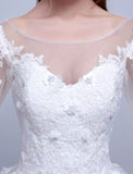Jewel Tulle Lace Appliques 3/4 Sleeves Ball Gown Wedding Dresses