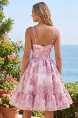 Keyhole Sparkly Pink Floral Short Corset Homecoming Dress with 3D Flower