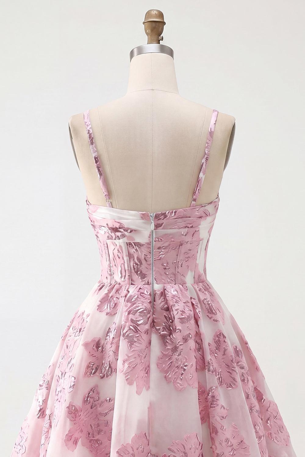 Keyhole Sparkly Pink Floral Short Corset Homecoming Dress with 3D Flower
