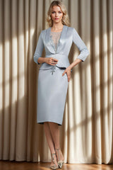 Knee Length Mother of the Bride V Keck Sheath Column Dress with Lace