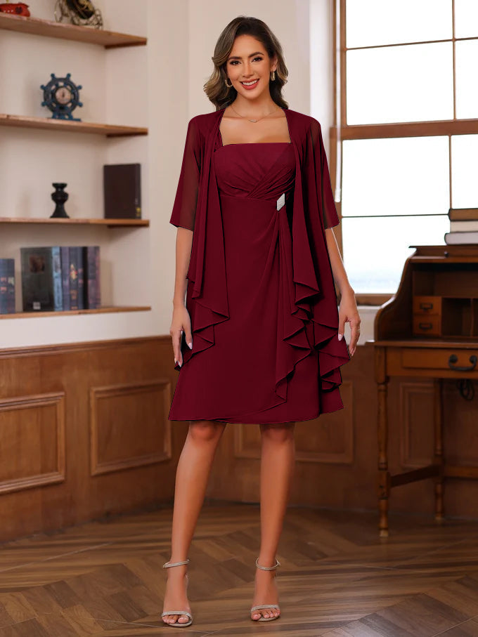 Knee Length Square Neck A Line Mother of the Bride Dress With Ruffles and Jacket