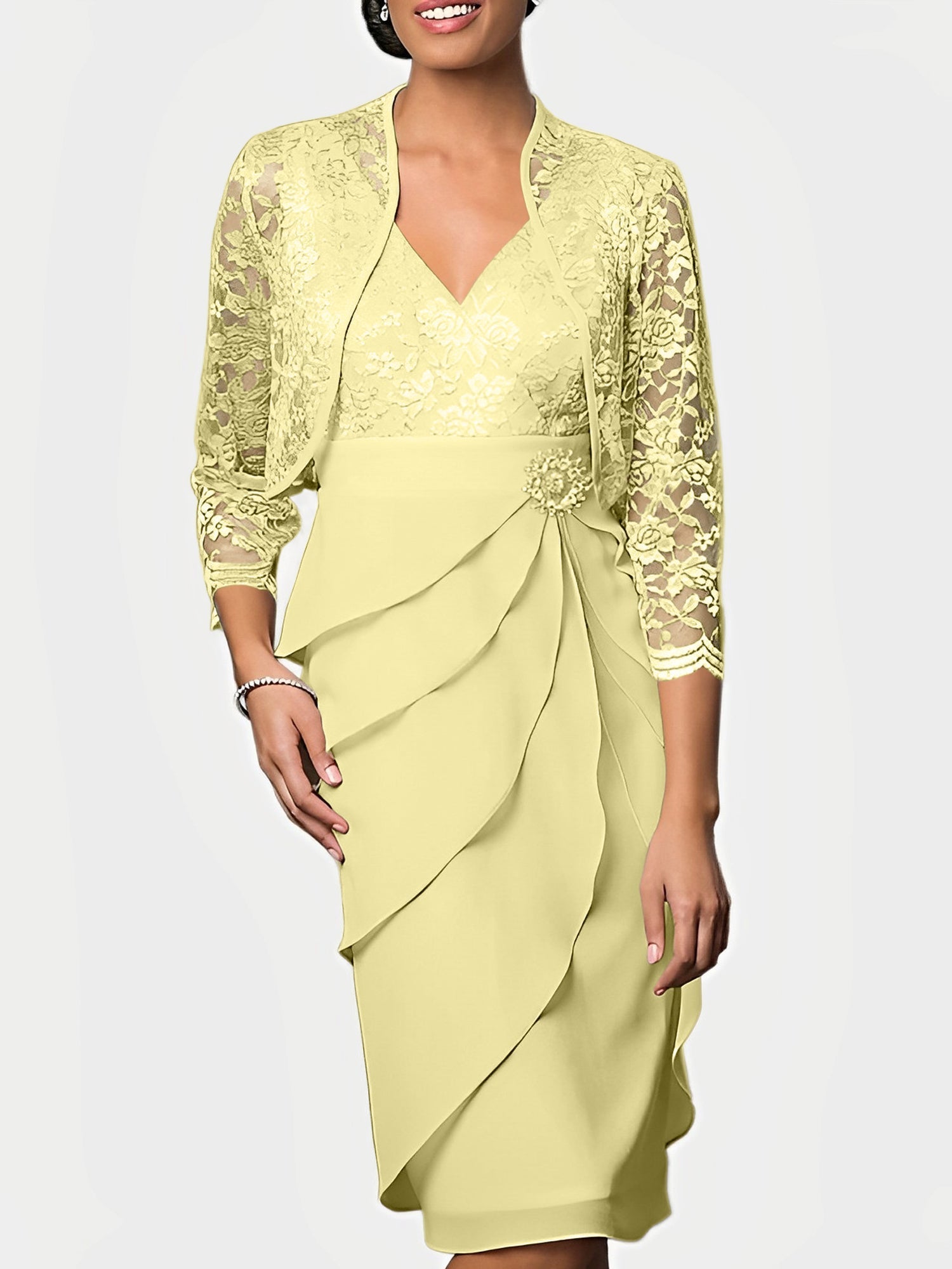 Knee Length V Neck Sheath Mother of the Bride Column Dress
