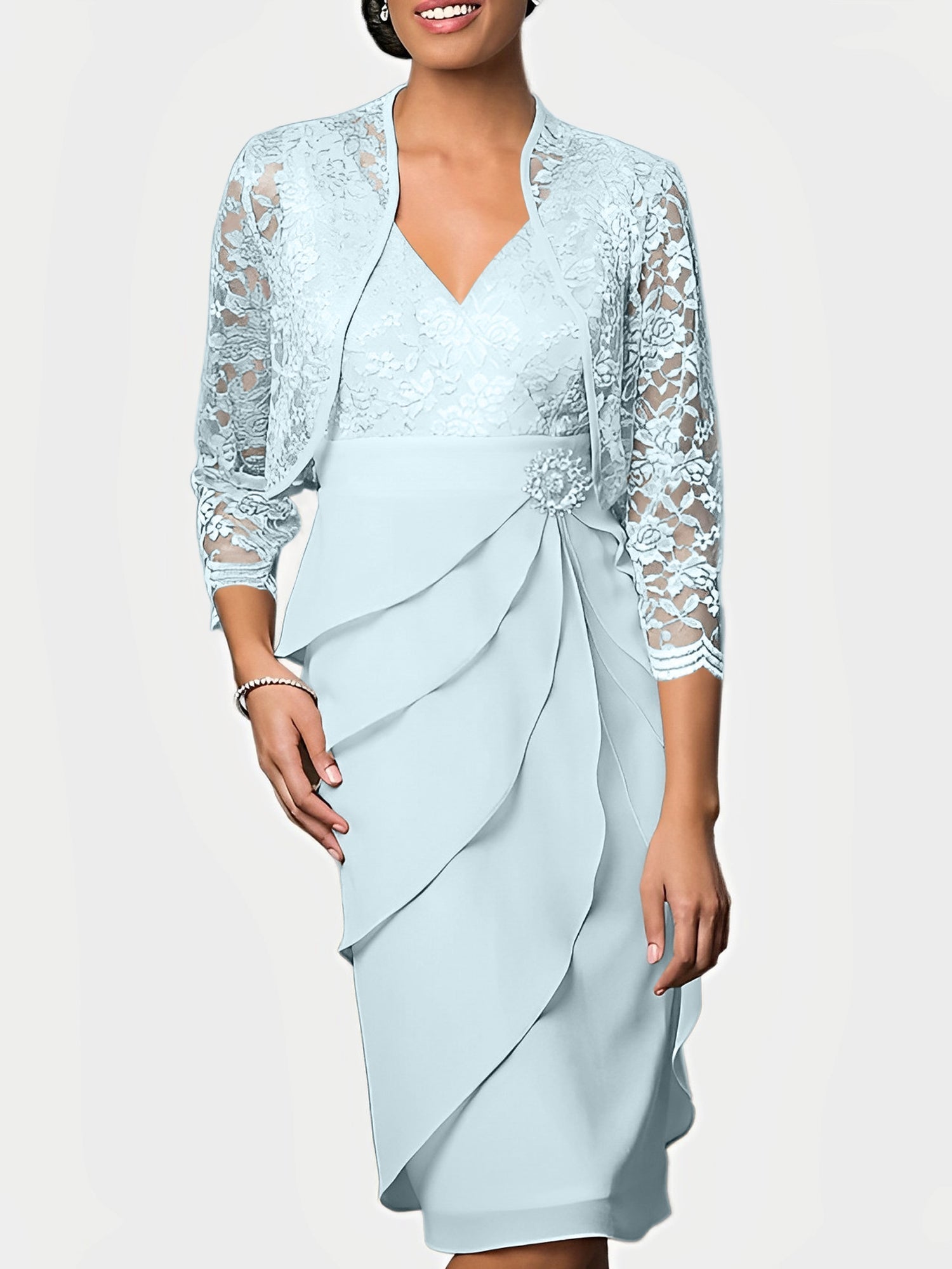 Knee Length V Neck Sheath Mother of the Bride Column Dress