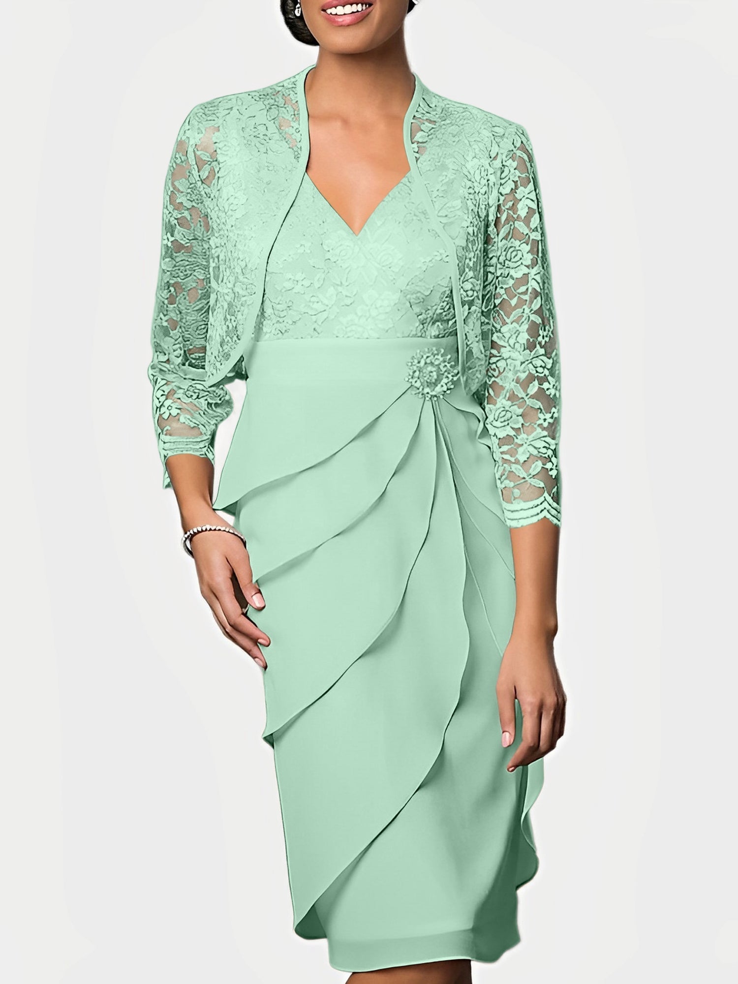 Knee Length V Neck Sheath Mother of the Bride Column Dress