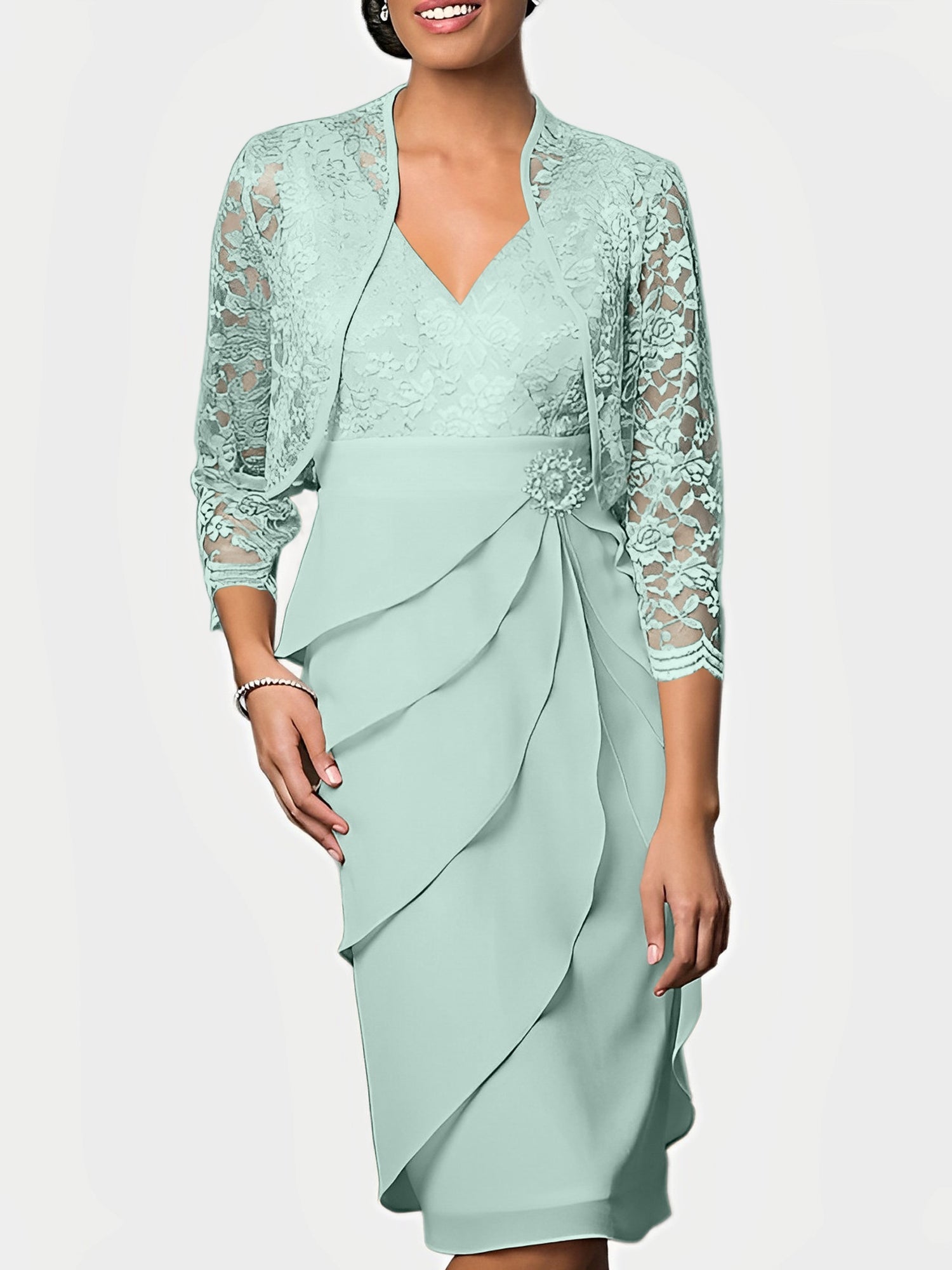Knee Length V Neck Sheath Mother of the Bride Column Dress