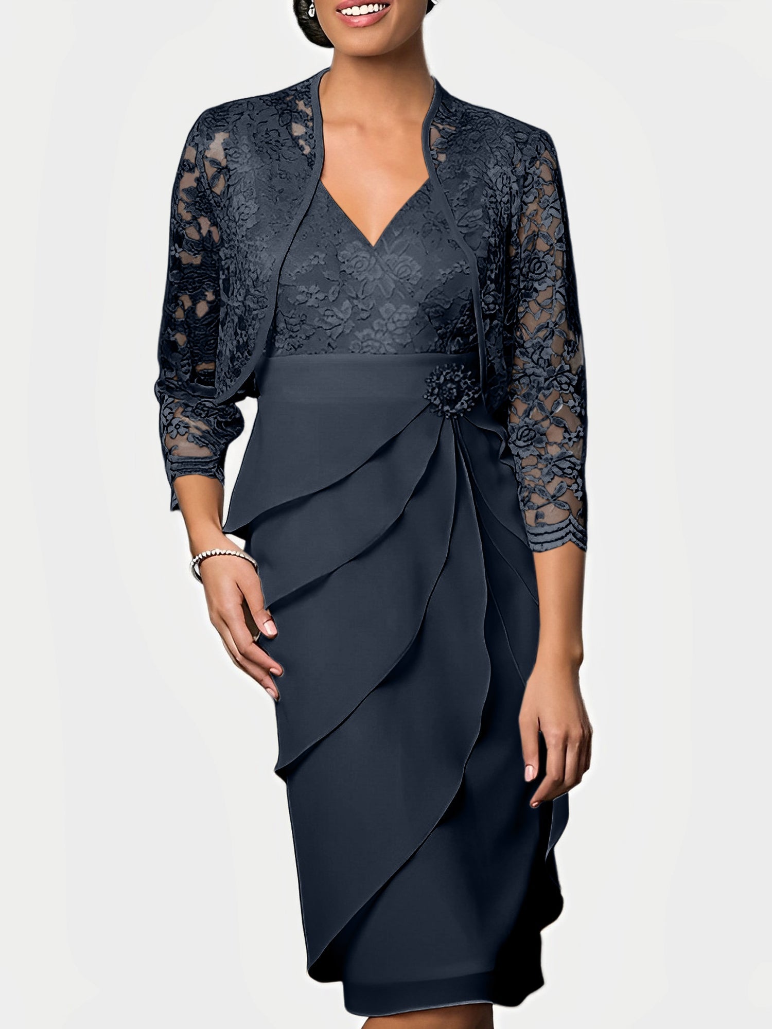 Knee Length V Neck Sheath Mother of the Bride Column Dress