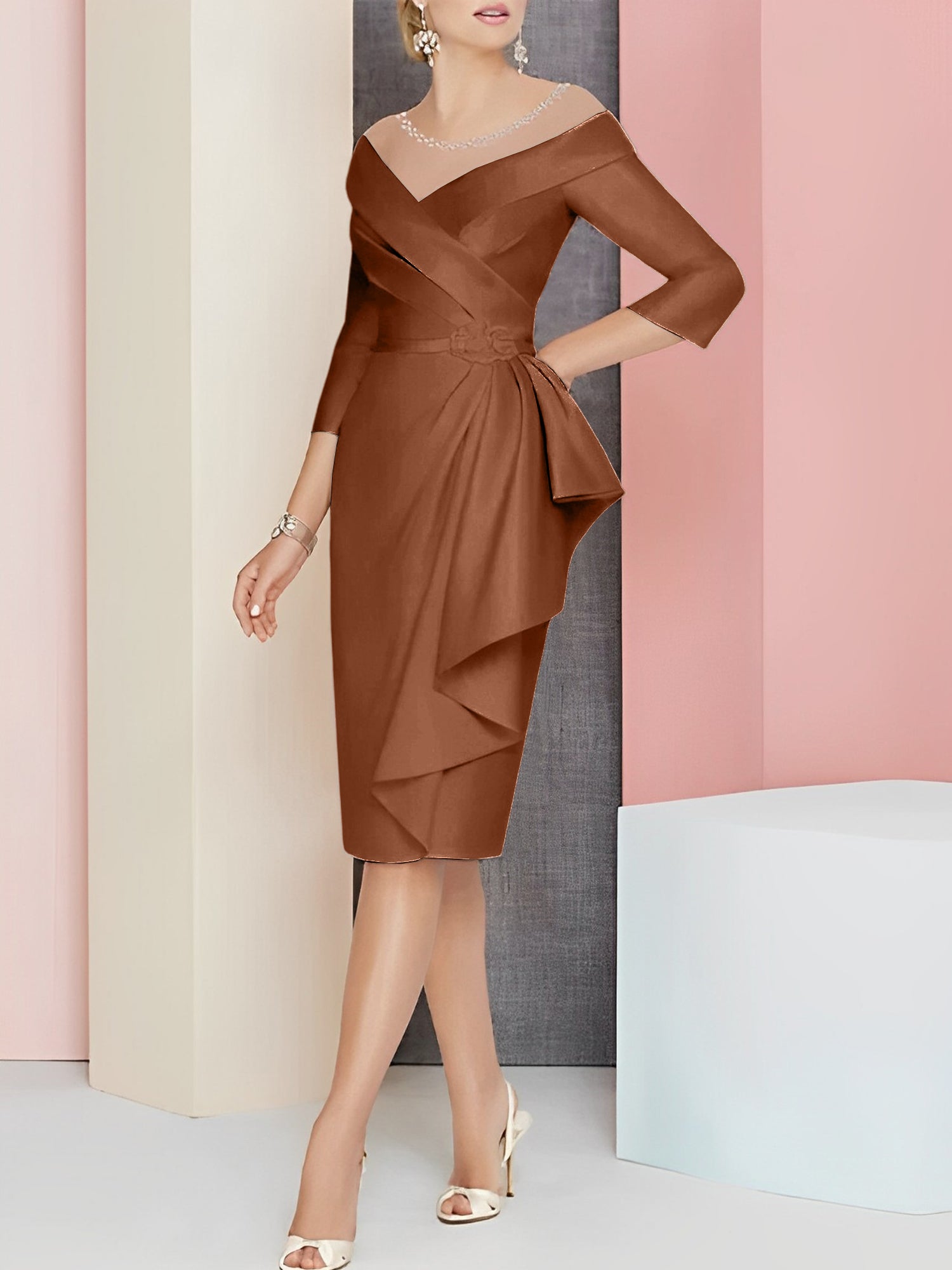 Knee Length V Neck Sheath Column Mother of the Bride Dress