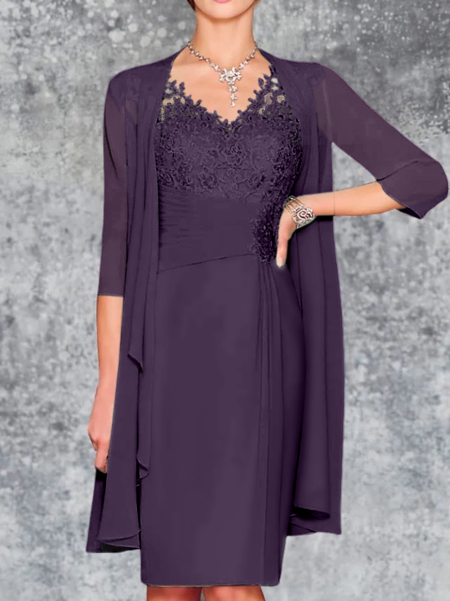 Knee Length V Neck Sheath Column Mother of the Bride Dress