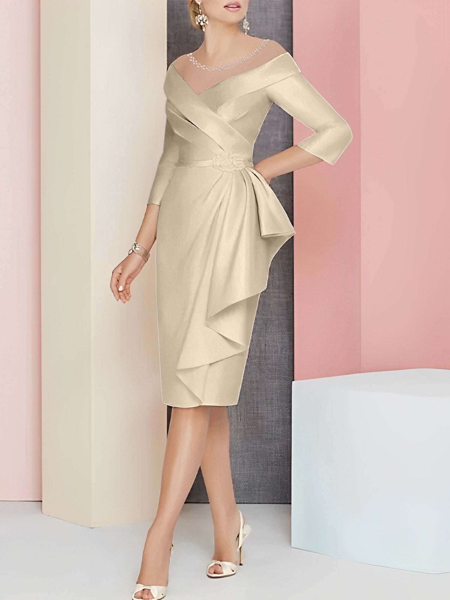 Knee Length V Neck Sheath Column Mother of the Bride Dress