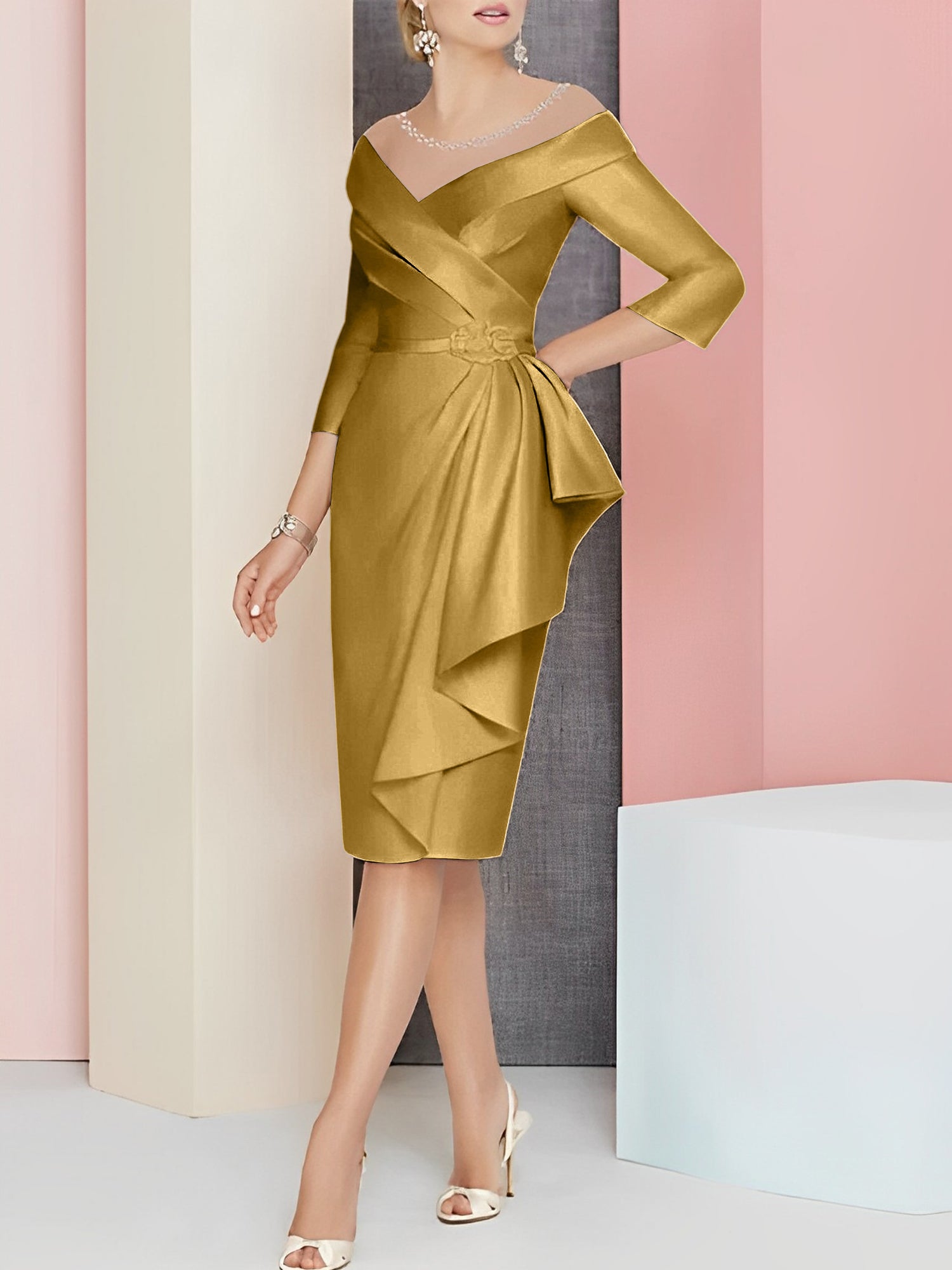 Knee Length V Neck Sheath Column Mother of the Bride Dress